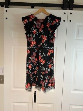Sam Edelman Black Floral Mini Dress with Red & Pink Flowers